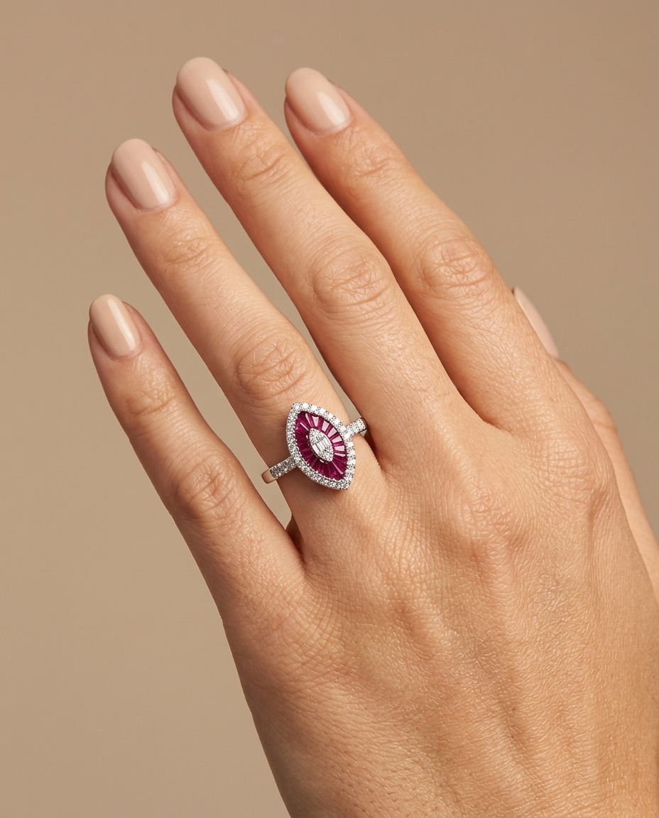 14KT White Gold Ruby and Diamonds Marquise Ring view 2