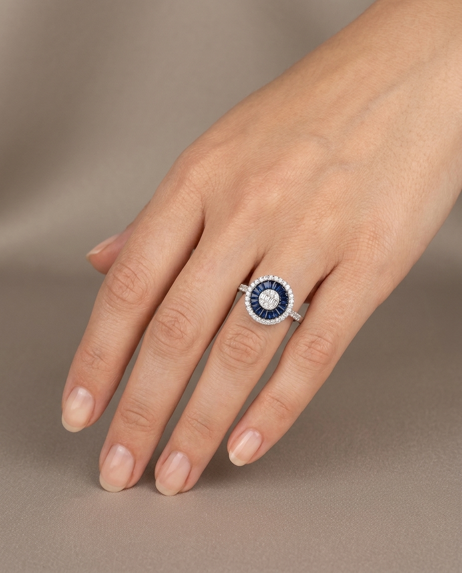 14KT White Gold Blue Sapphire and Diamonds Round Ring view 2