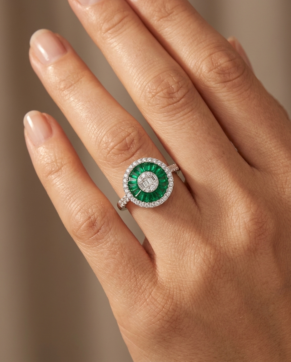 14KT White Gold Emerald and Diamonds Round Ring on model