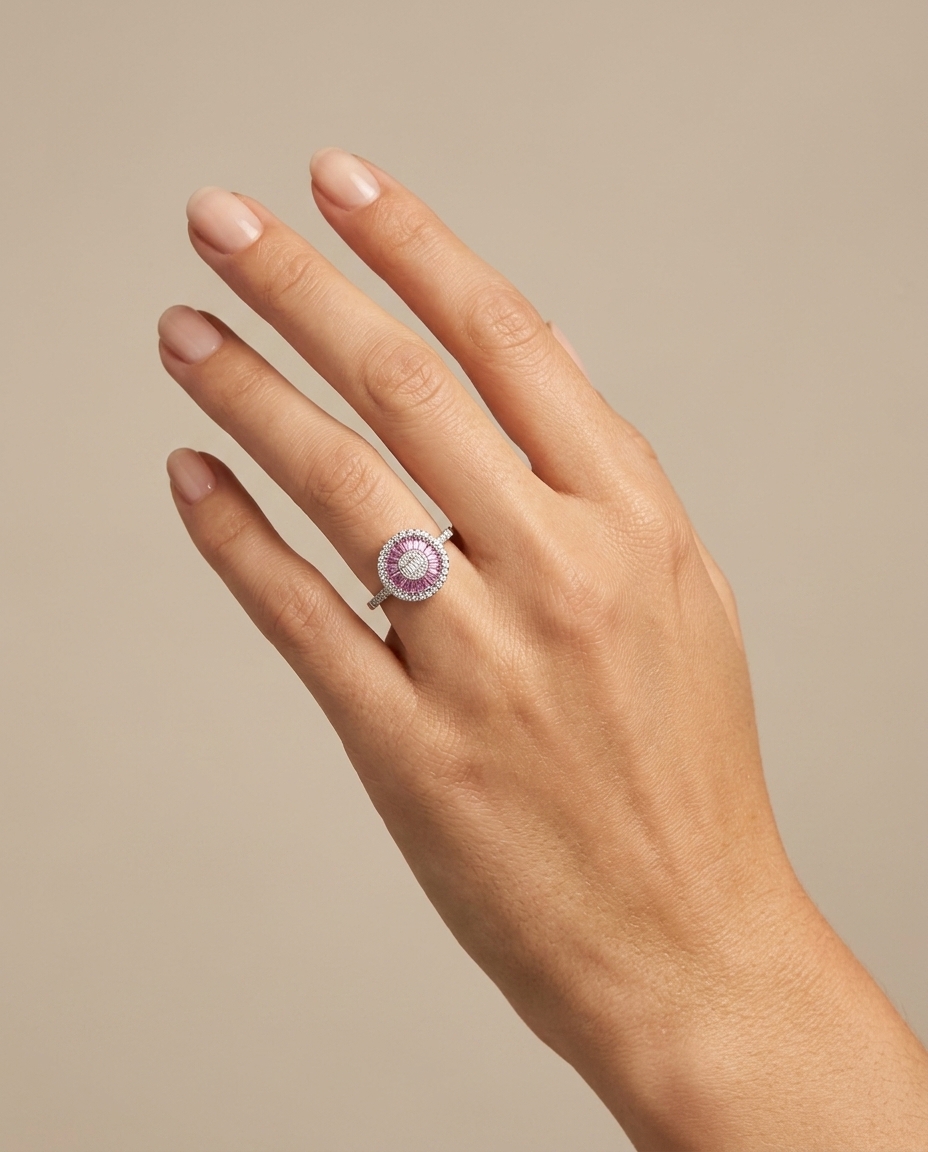 14KT White Gold Pink Sapphire and Diamonds Ring view 2