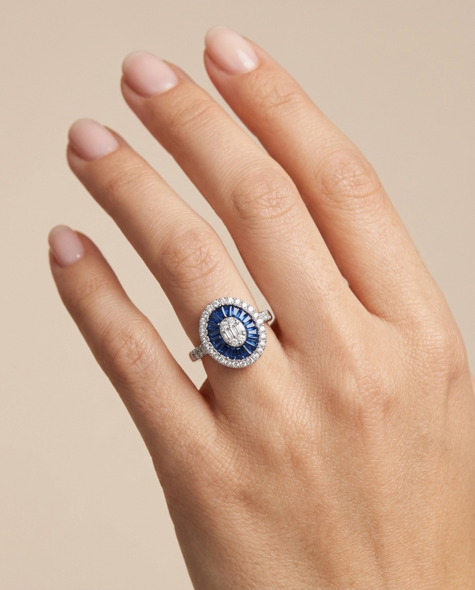 14KT White Gold Blue Sapphire and Diamonds Oval Ring on model