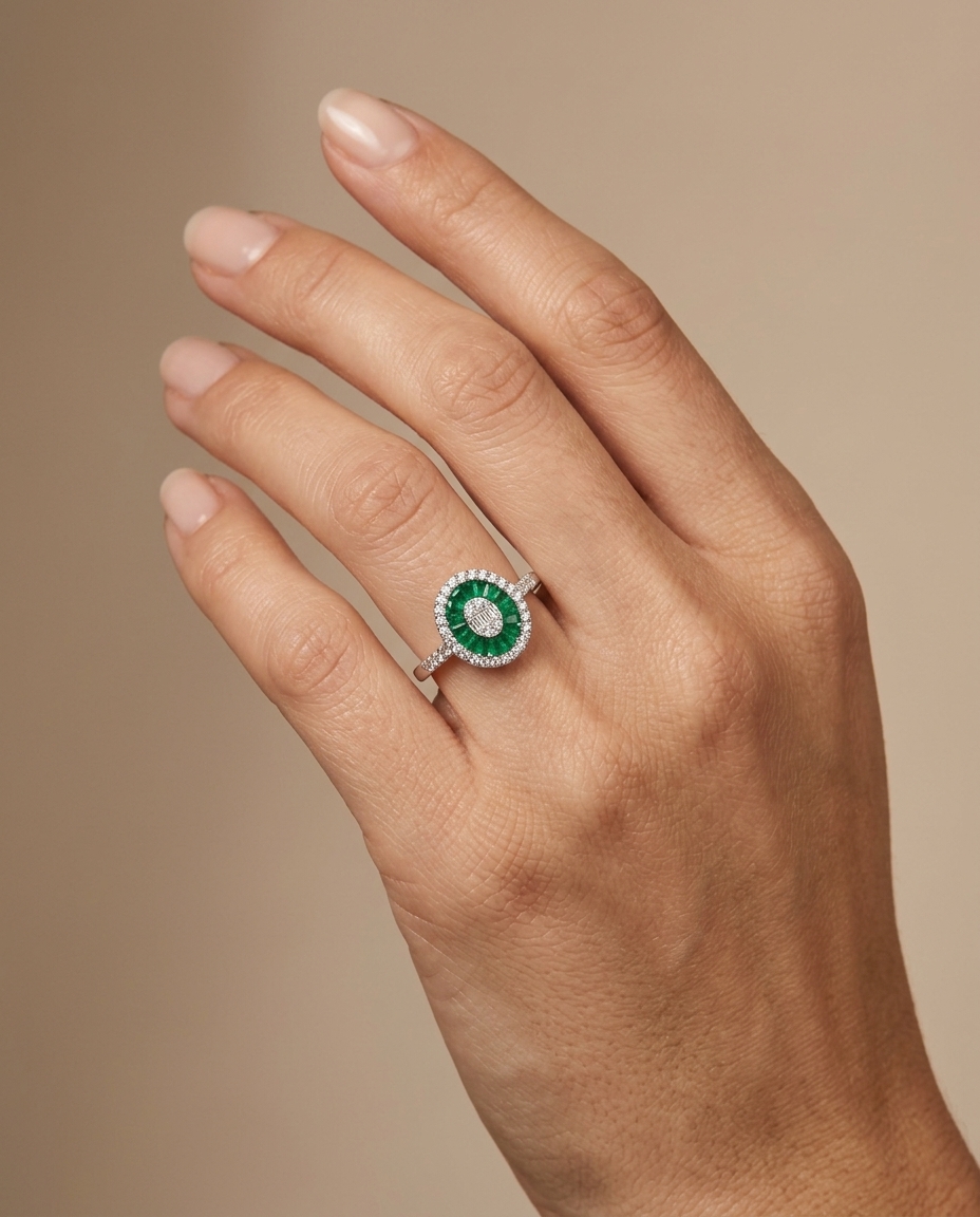 14KT White Gold Emerald and Diamonds Oval Ring on model
