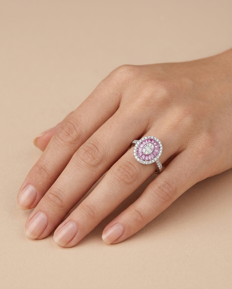 14KT White Gold Pink Sapphire and Diamonds Oval Ring on model
