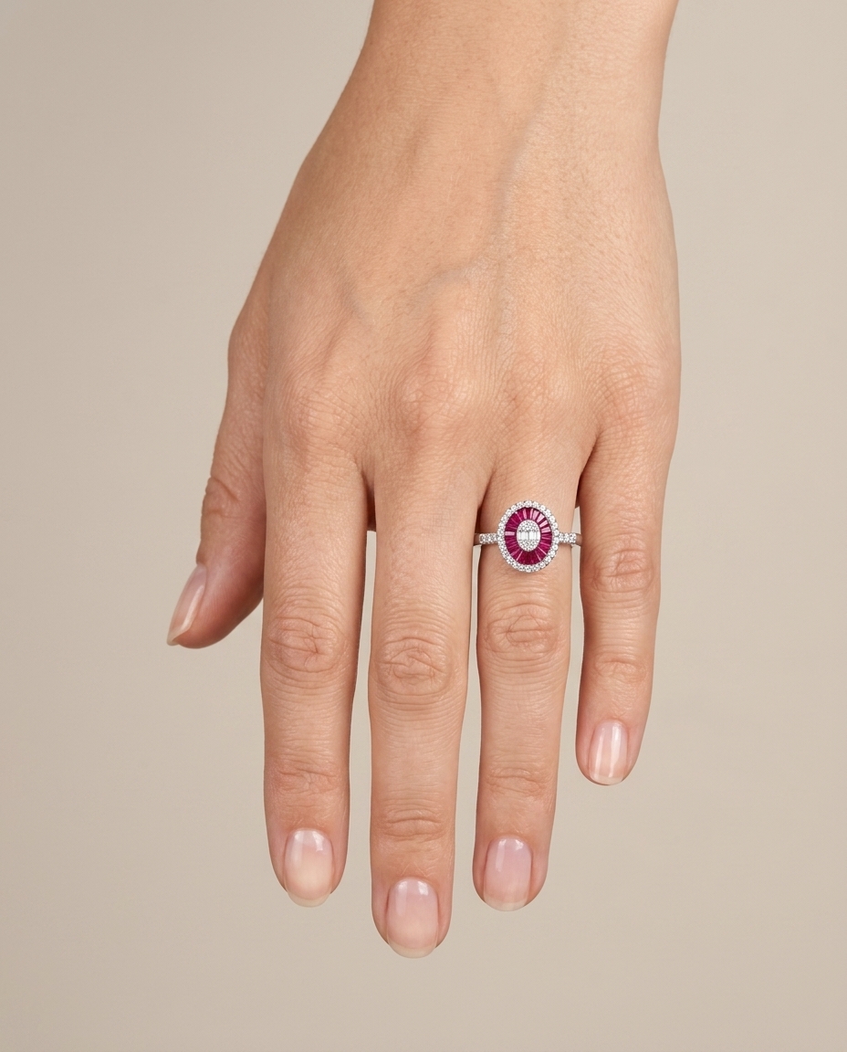 14KT White Gold Ruby and Diamonds Oval Ring view 2