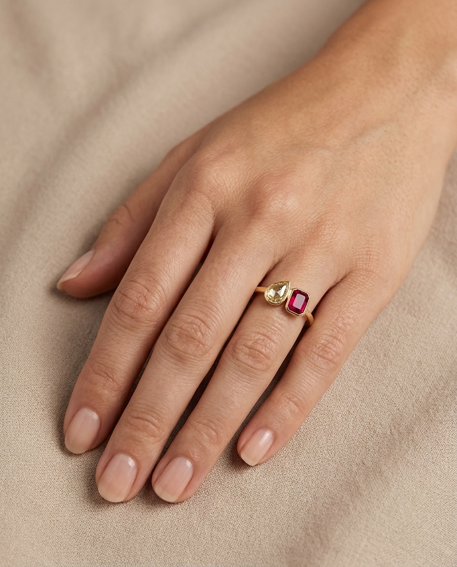 14KT Yellow Gold Ruby and Yellow Diamond Ring on model