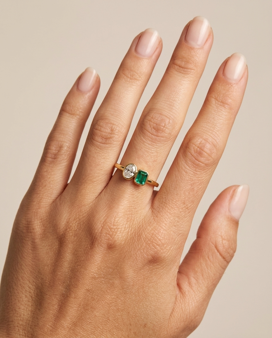 14KT Yellow Gold Emerald and Champagne Diamond Ring on model