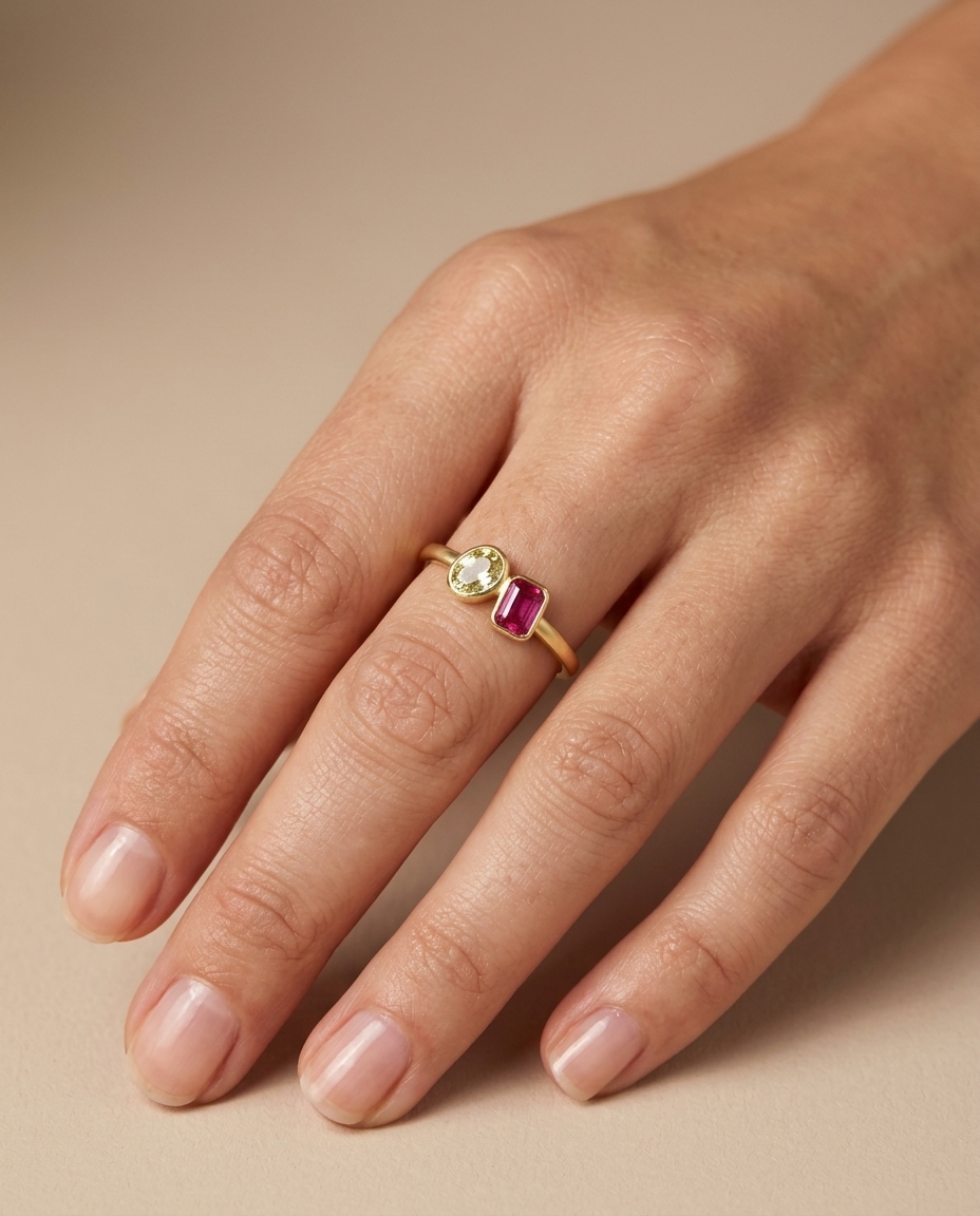 14KT Yellow Gold Ruby and Champagne Diamond Ring on model