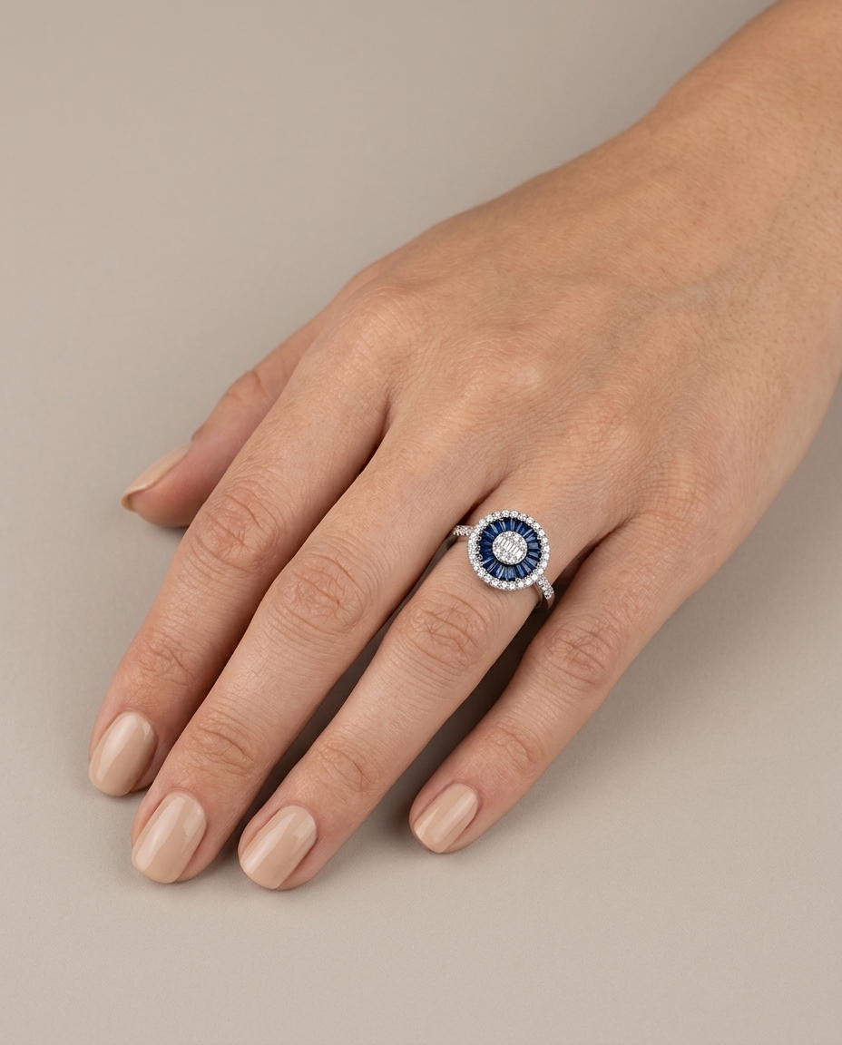 14KT White Gold Blue Sapphire and Diamonds Round Ring view 2