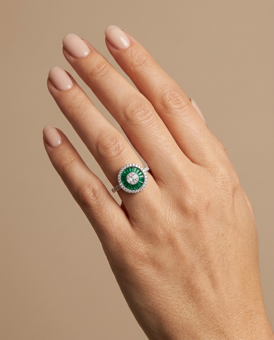 14KT White Gold Emerald and Diamonds Round Ring on model