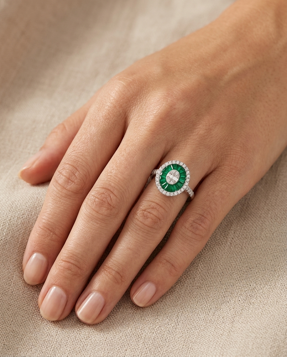 14KT White Gold Emerald and Diamonds Oval Ring view 2
