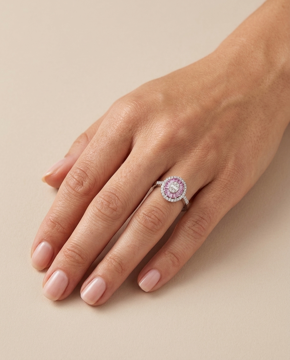 14KT White Gold Pink Sapphire and Diamonds Oval Ring view 2