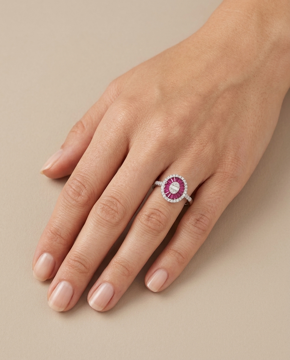 14KT White Gold Ruby and Diamonds Oval Ring view 2