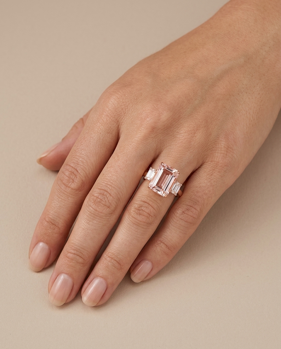 14KT Rose Gold Morganite and Diamonds Ring on model