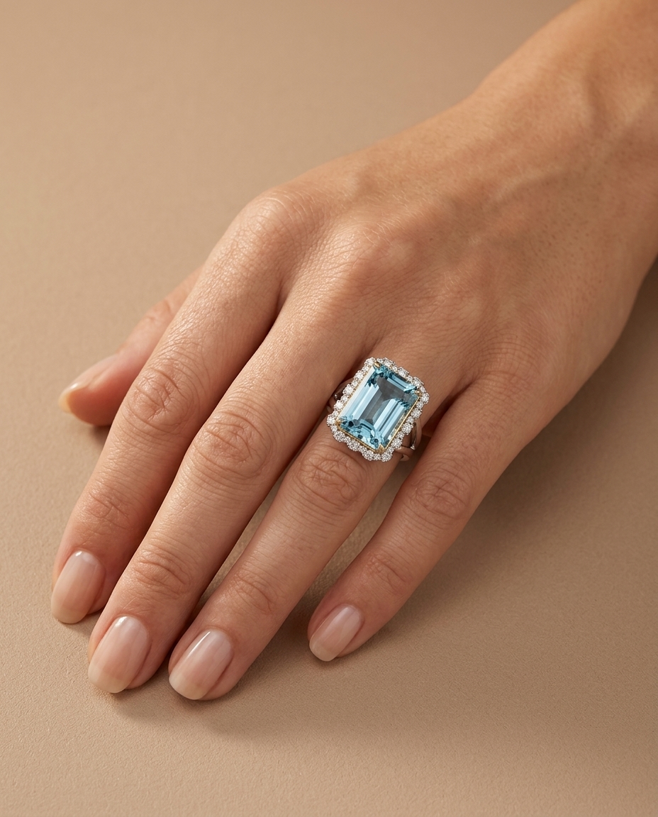 14KT White Gold Aquamarine and Diamonds Ring on model