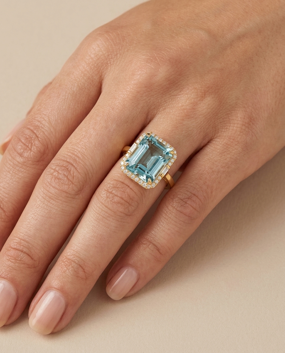 14KT Yellow Gold Aquamarine and Diamonds Ring on model
