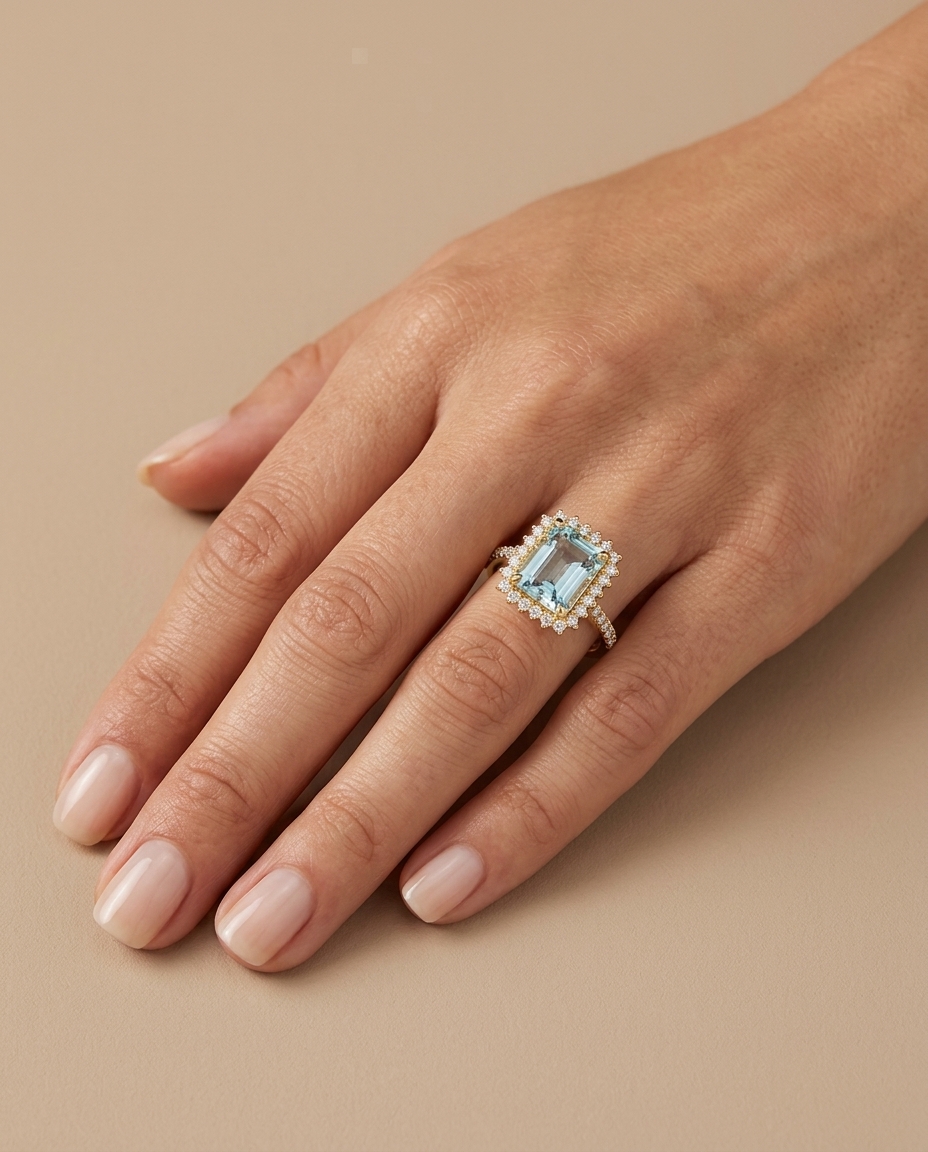 14KT Yellow Gold Aquamarine and Diamonds Ring view 2