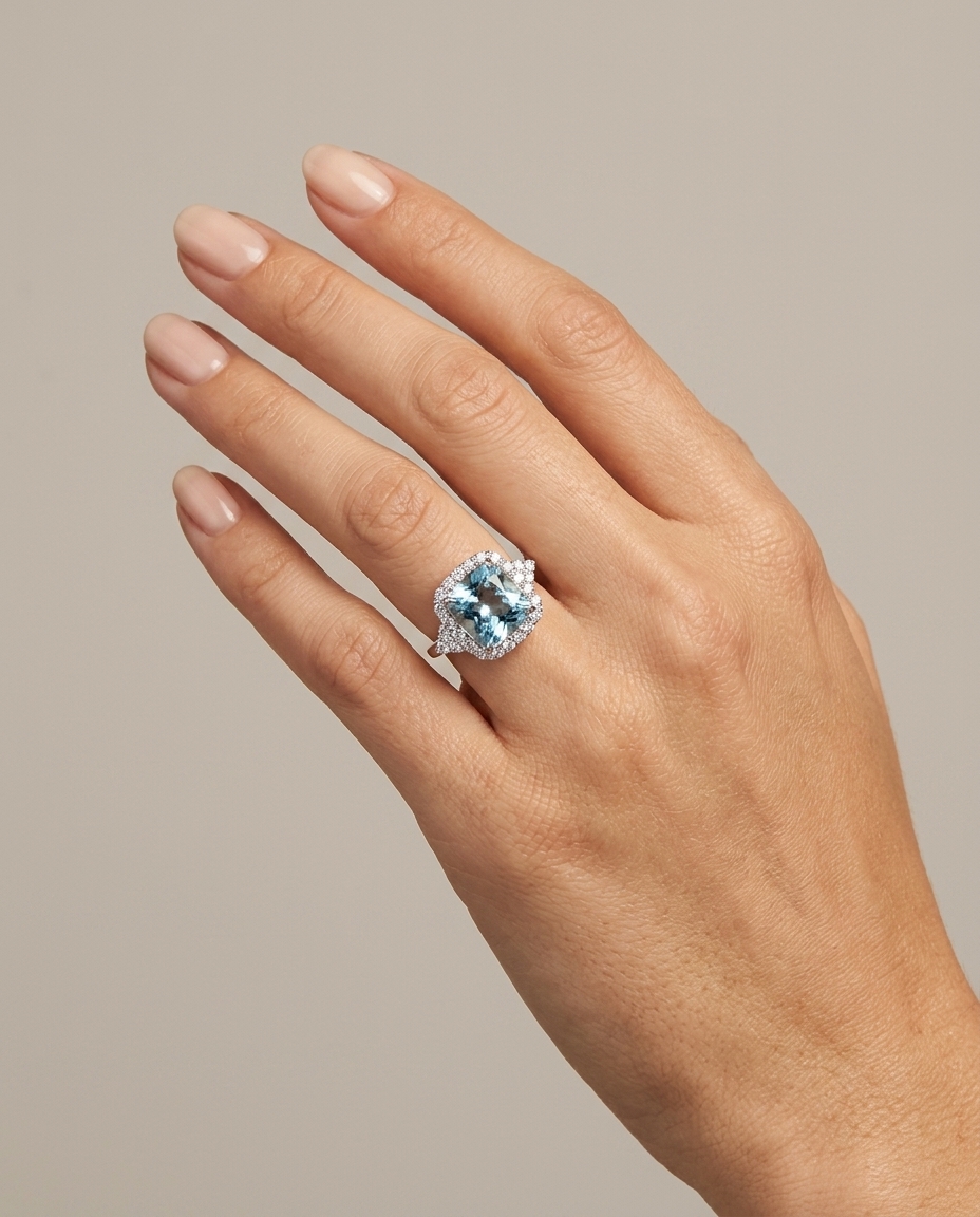 14KT White Gold Aquamarine and Diamonds Ring on model