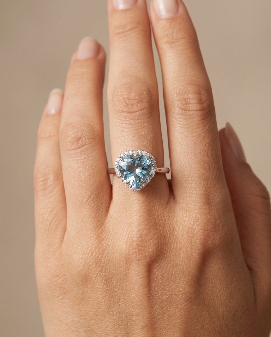 Heart Shape Aquamarine Ring with Diamonds view 2