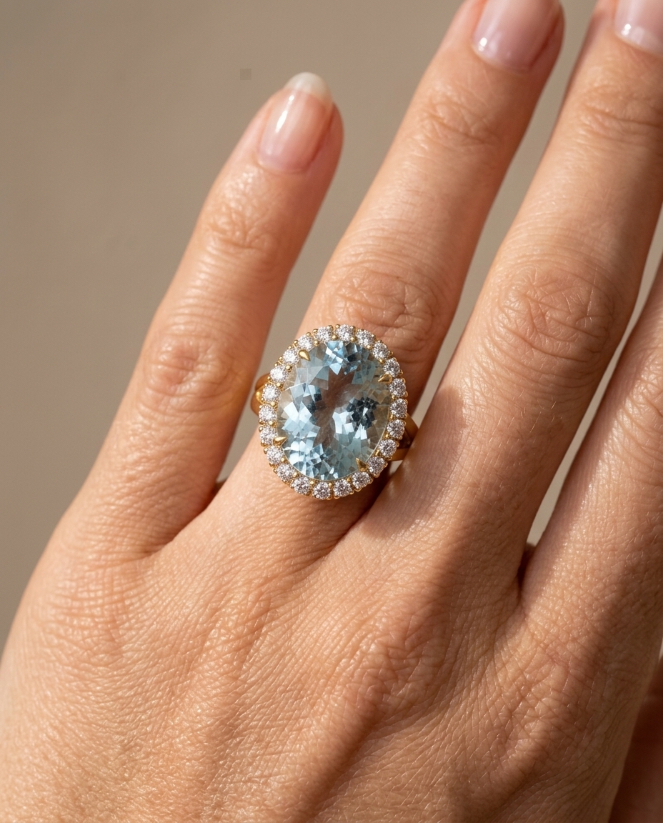 14KT Yellow Gold Aquamarine and Diamonds Ring view 2