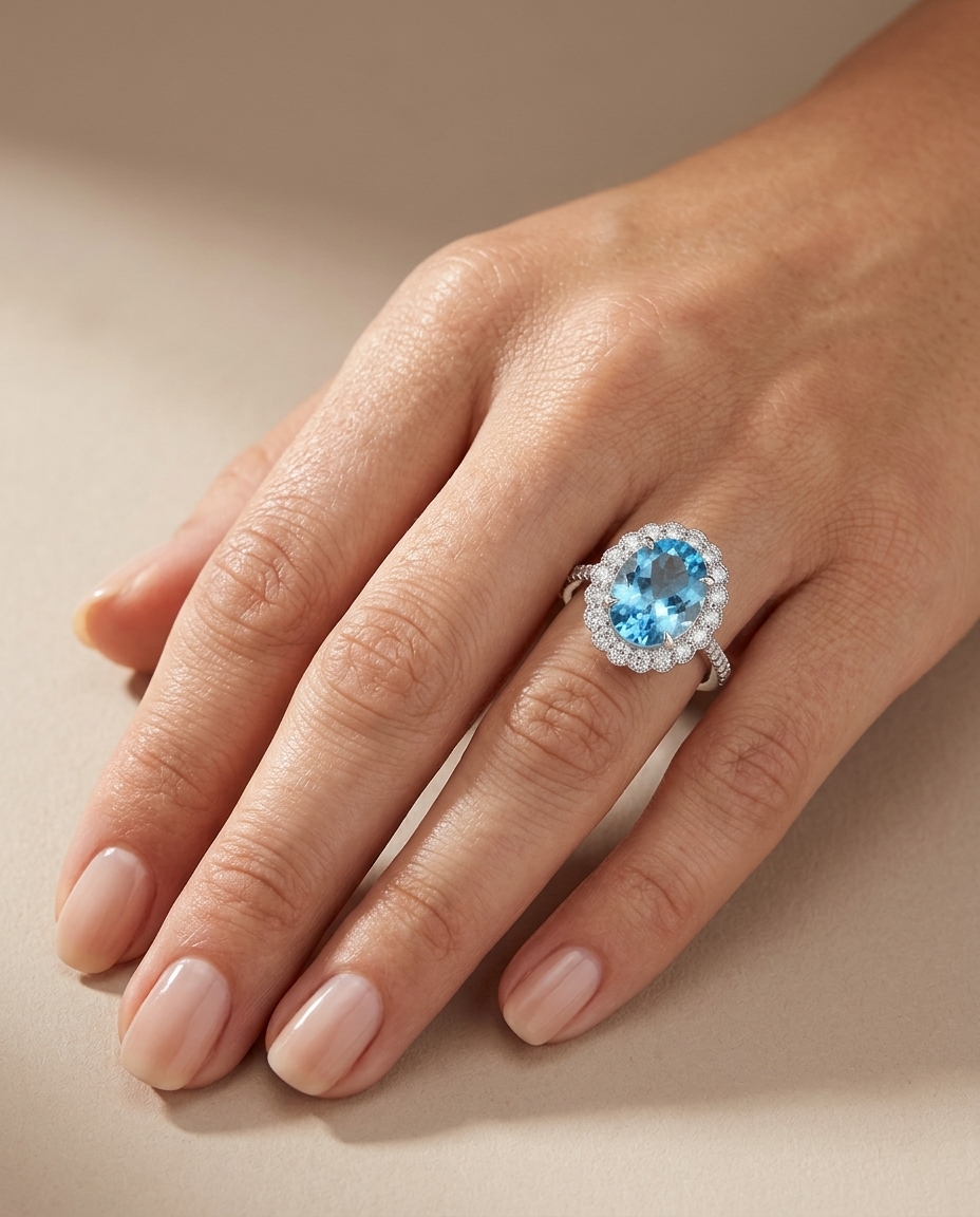 14KT White Gold Aquamarine and Diamonds Ring on model
