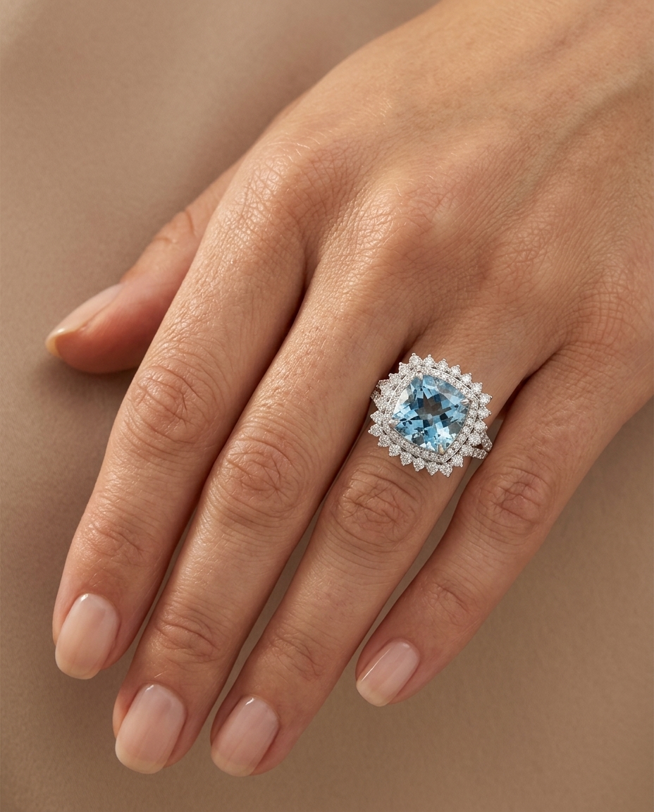14KT White Gold Aquamarine and Diamonds Ring view 2
