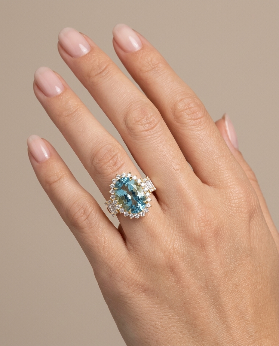 14KT Yellow Gold Aquamarine and Diamonds Ring on model