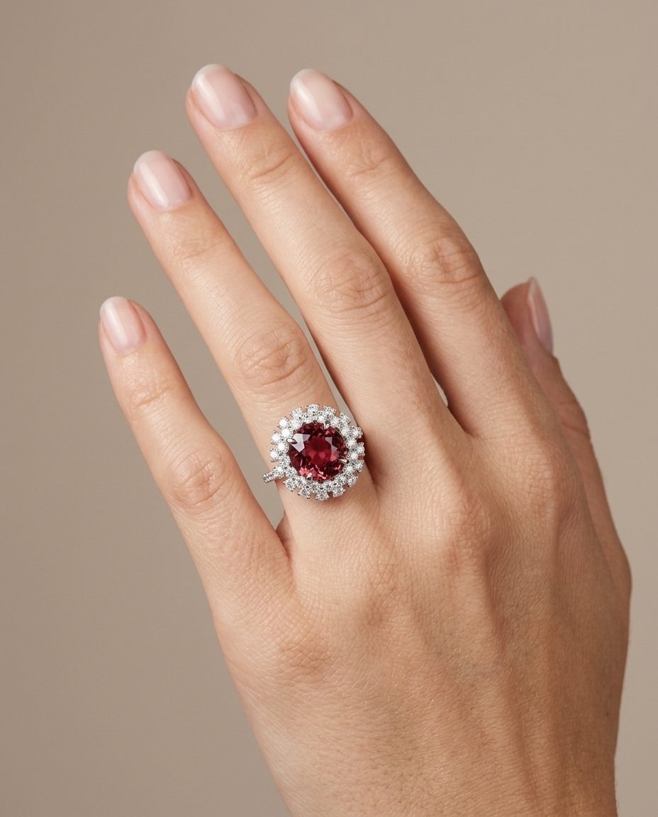 14KT White Gold Pink Tourmaline and Diamonds Ring view 2