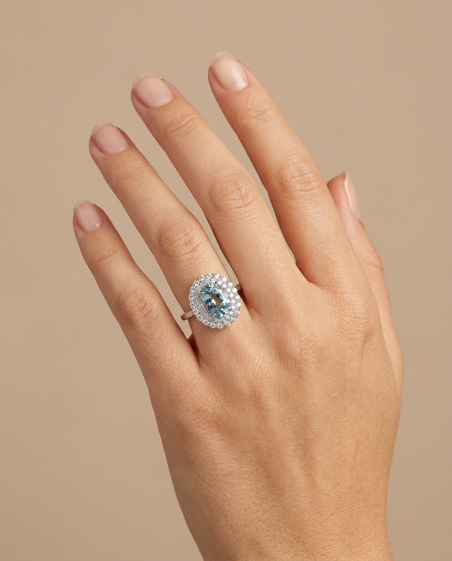 14KT White Gold Aquamarine and Diamonds Ring on model