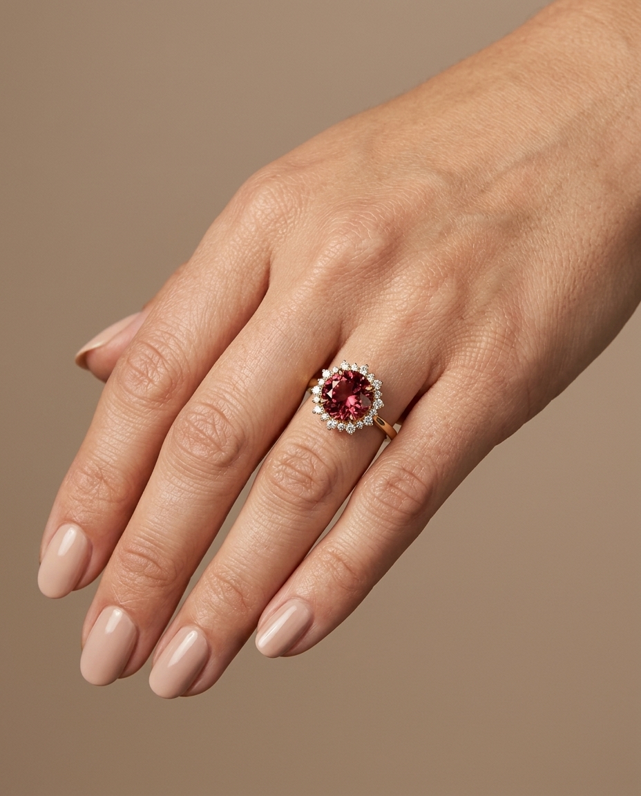 14KT Yellow Gold Pink Tourmaline and Diamonds Ring on model