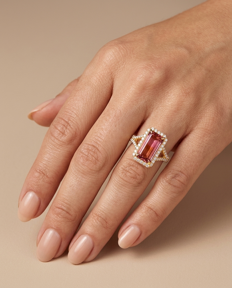 14KT Yellow Gold Pink Rectangle Tourmaline and Diamonds Ring on model