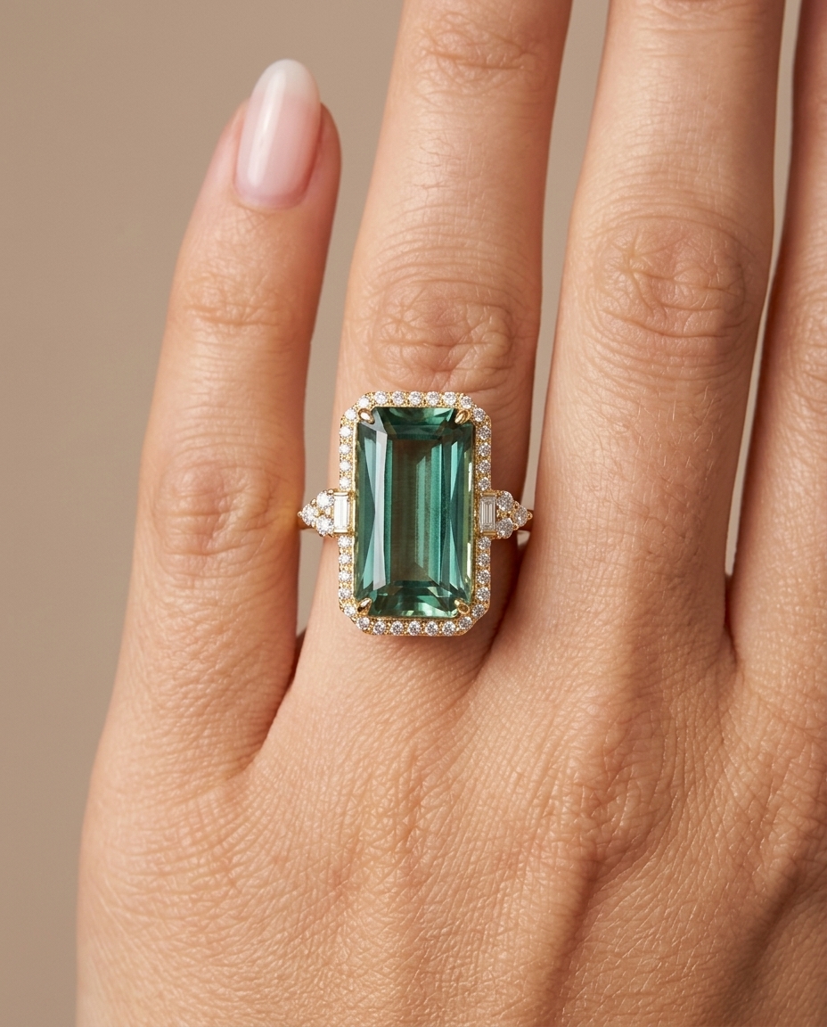 14KT Yellow Gold Square Rectangle Tourmaline and Diamonds Ring on model