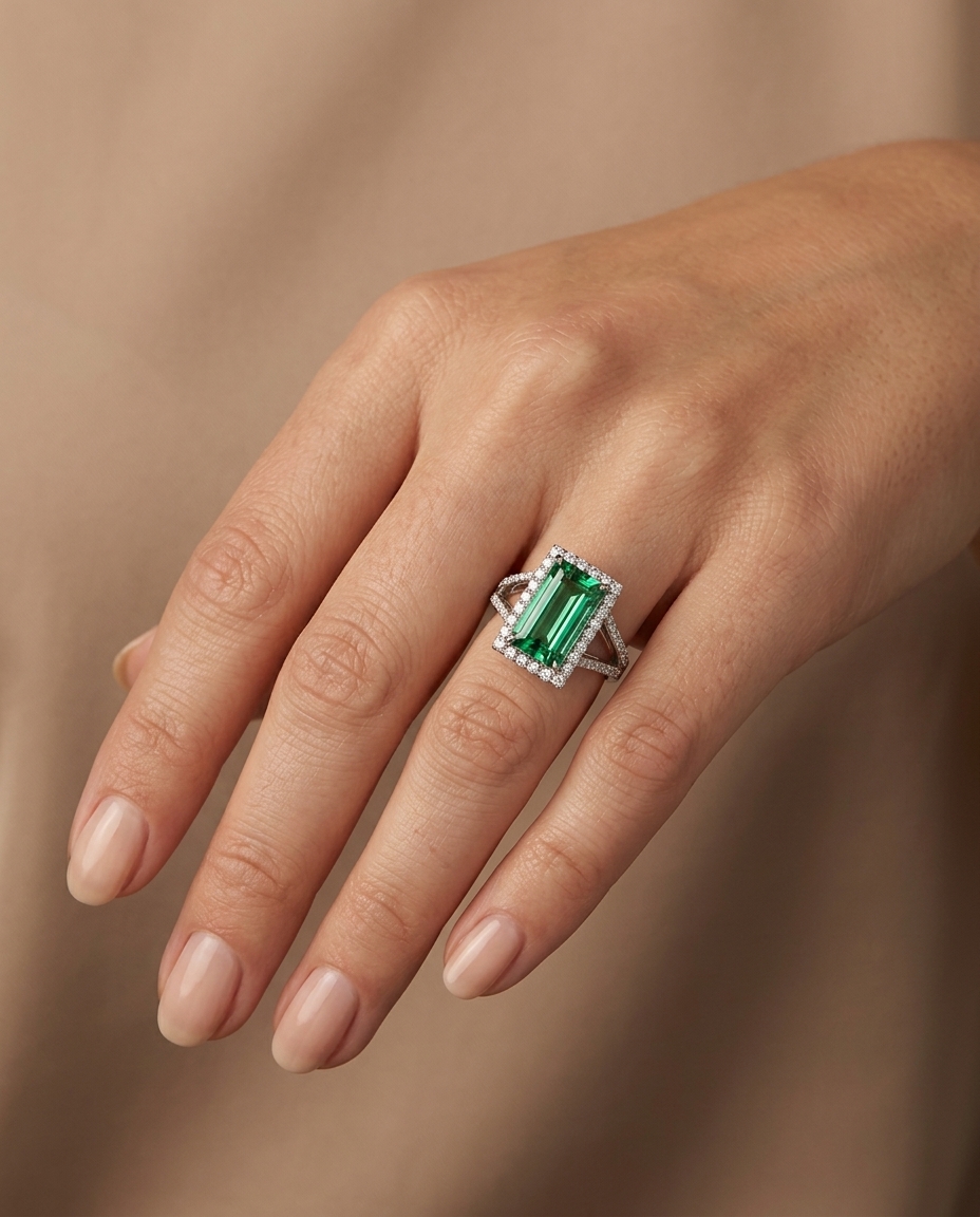 14KT White Gold Green Tourmaline and Diamonds Ring on model