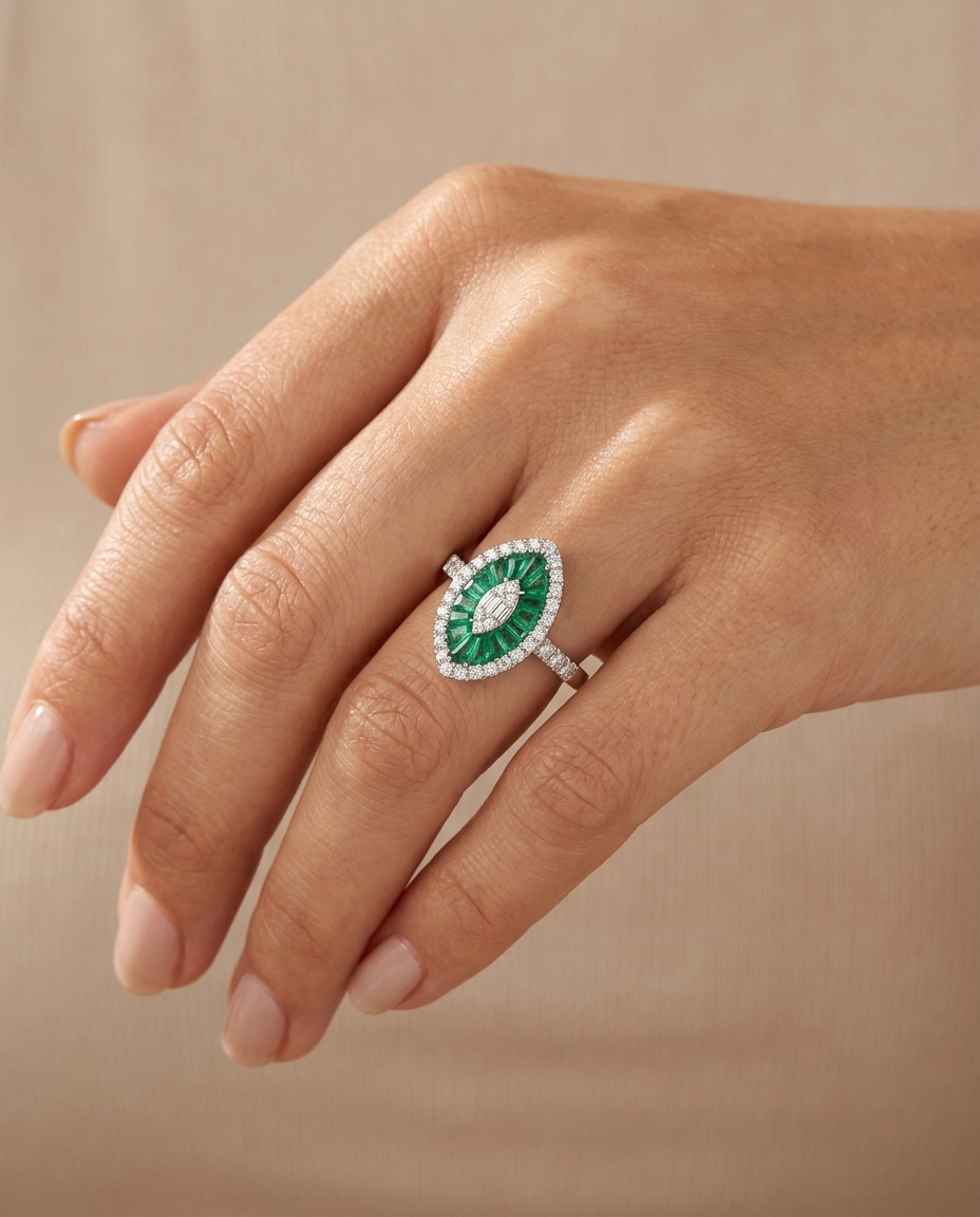 14KT White Gold Emerald and Diamonds Marquise Ring view 2