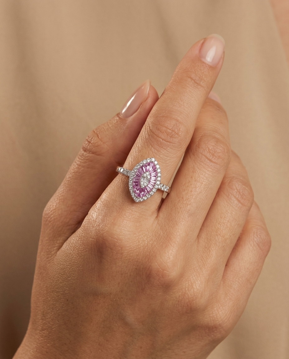 14KT White Gold Pink Sapphire and Diamonds Marquise Ring view 2