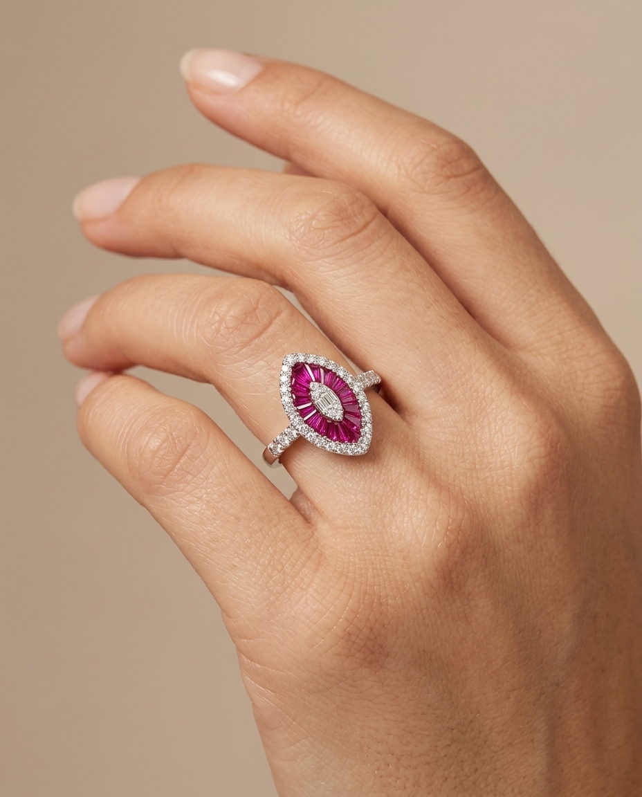 14KT White Gold Ruby and Diamonds Marquise Ring on model
