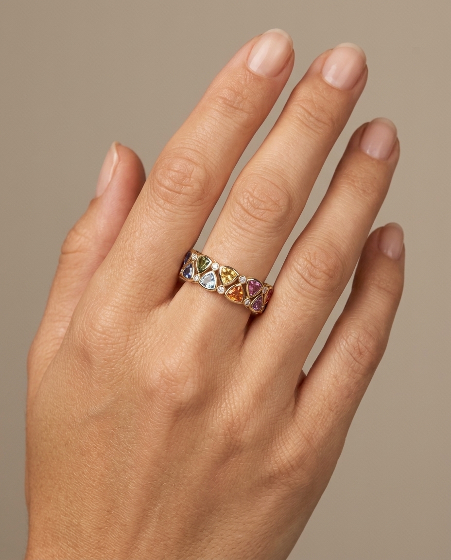 14KT Gold Multi Sapphire Ring with Diamonds on model