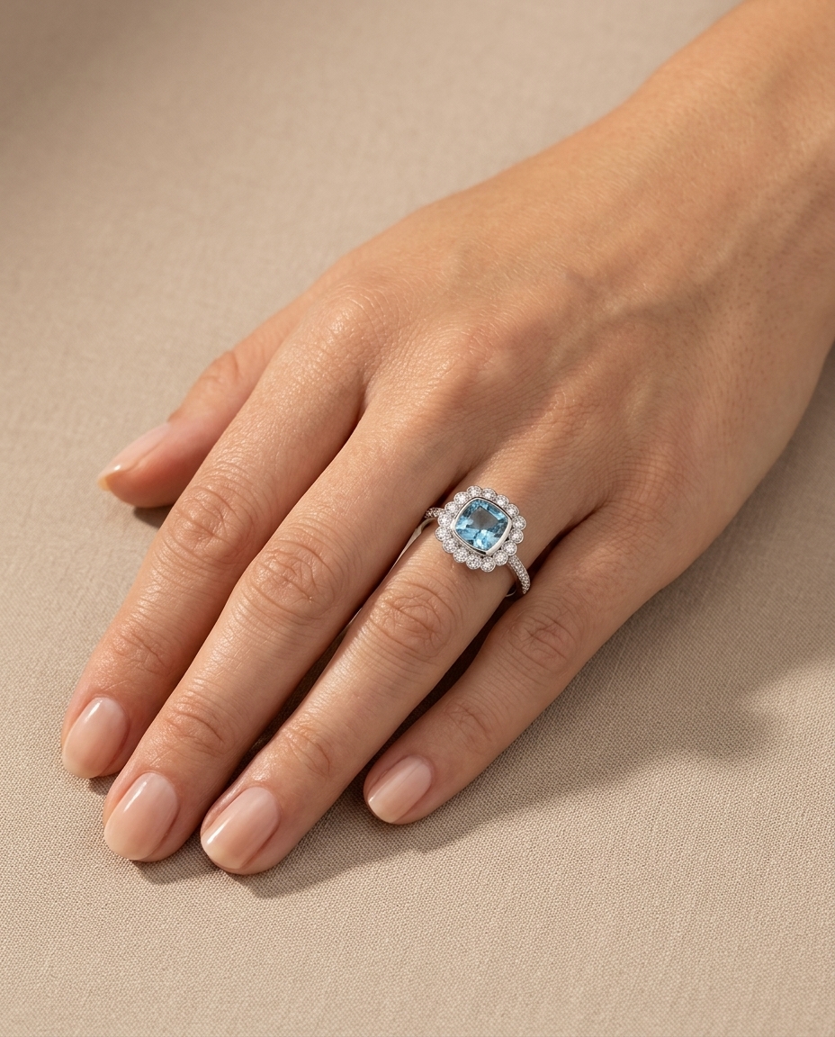 14KT White Gold Aquamarine and Diamonds Ring on model