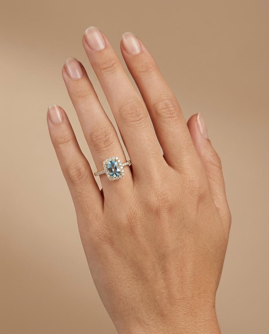 14KT Gold Aquamarine and Diamonds Ring on model