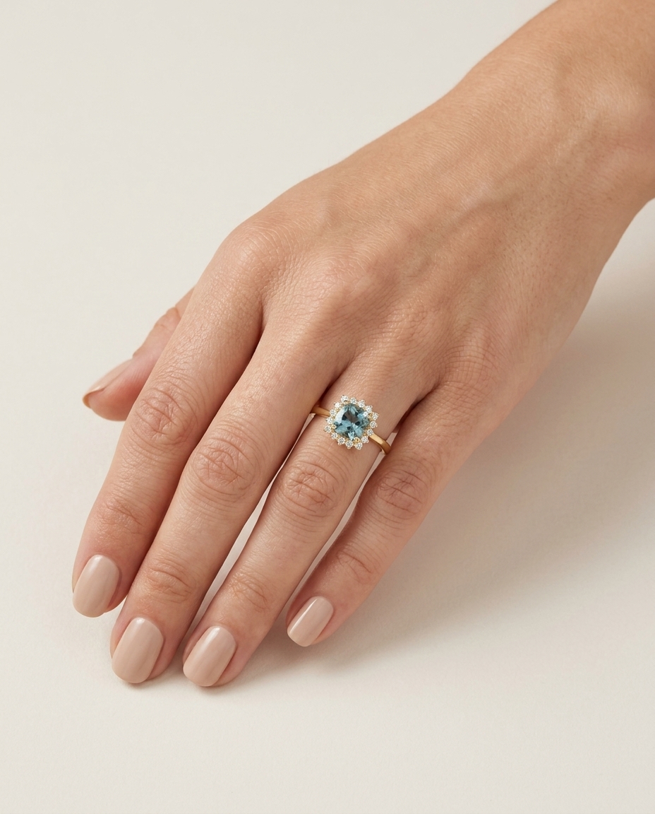 14KT Gold Aquamarine and Diamonds Ring on model