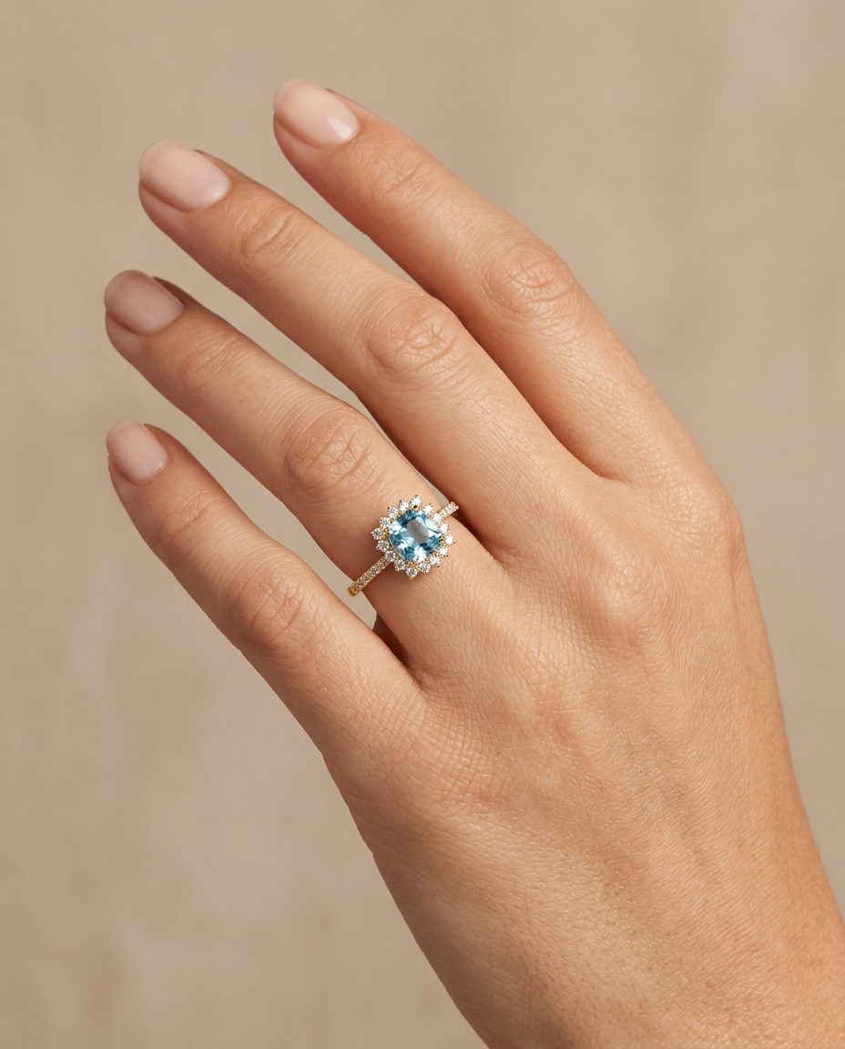 14KT Gold Aquamarine and Diamonds Ring on model