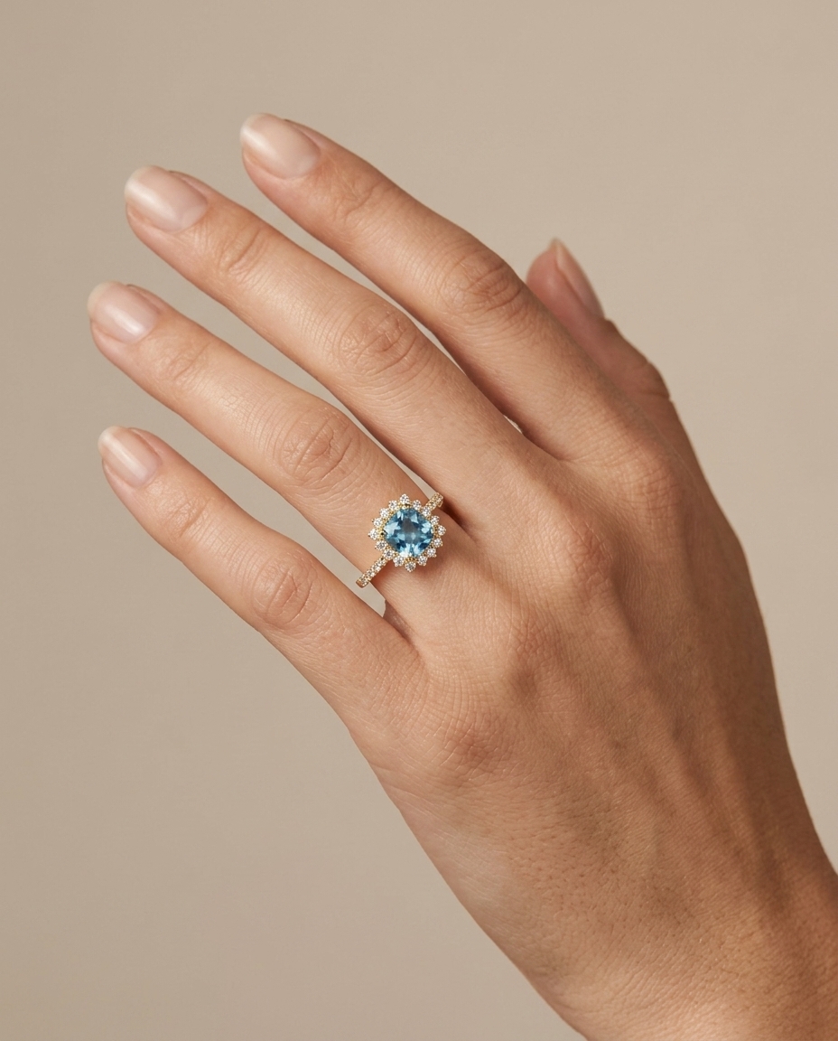 14KT Gold Aquamarine and Diamonds Ring on model