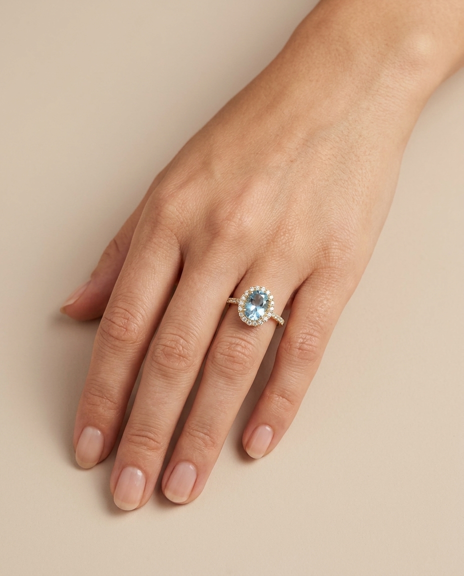 14KT Gold Aquamarine and Diamonds Ring on model