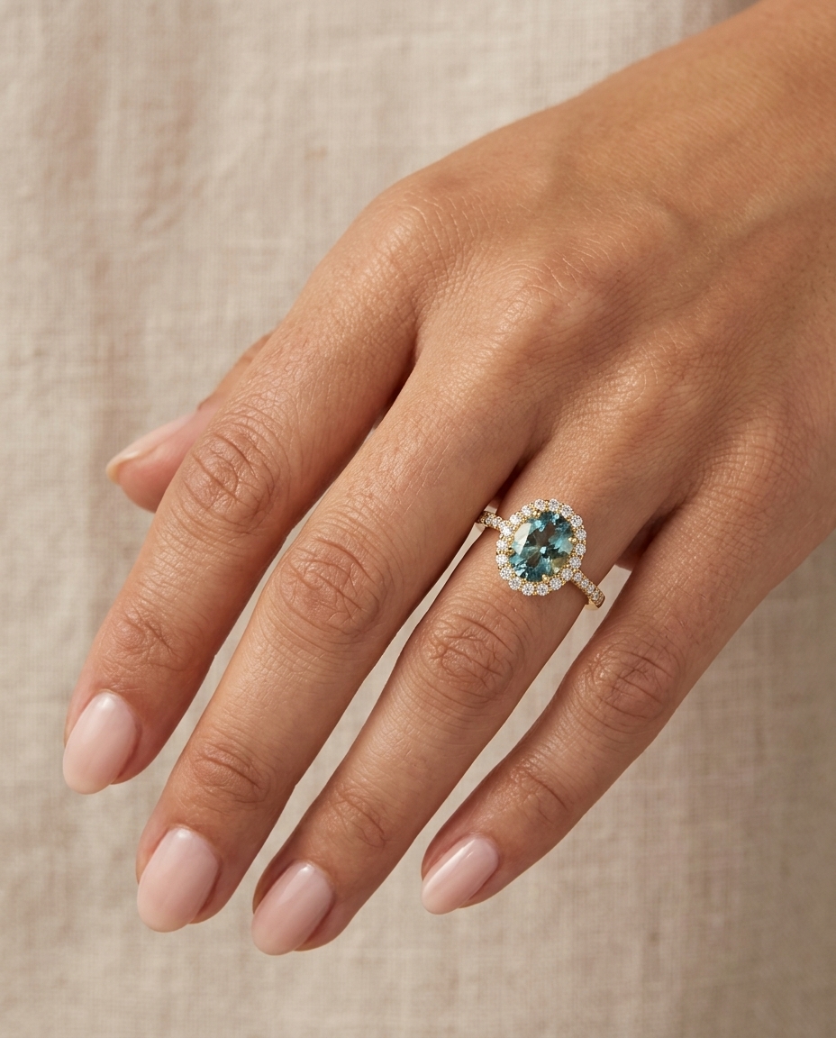 14KT Gold Aquamarine and Diamonds Ring view 2