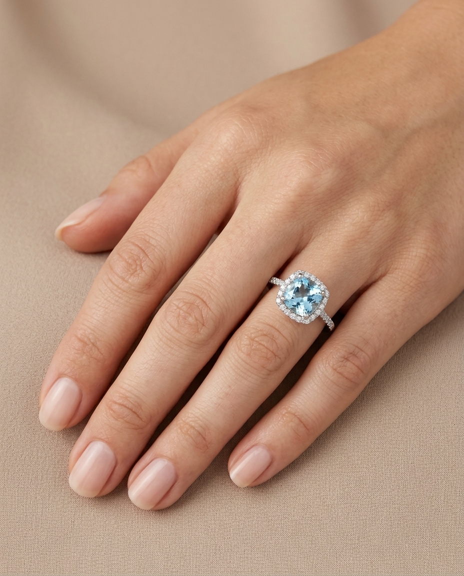 14KT White Gold Aquamarine and Diamonds Ring on model