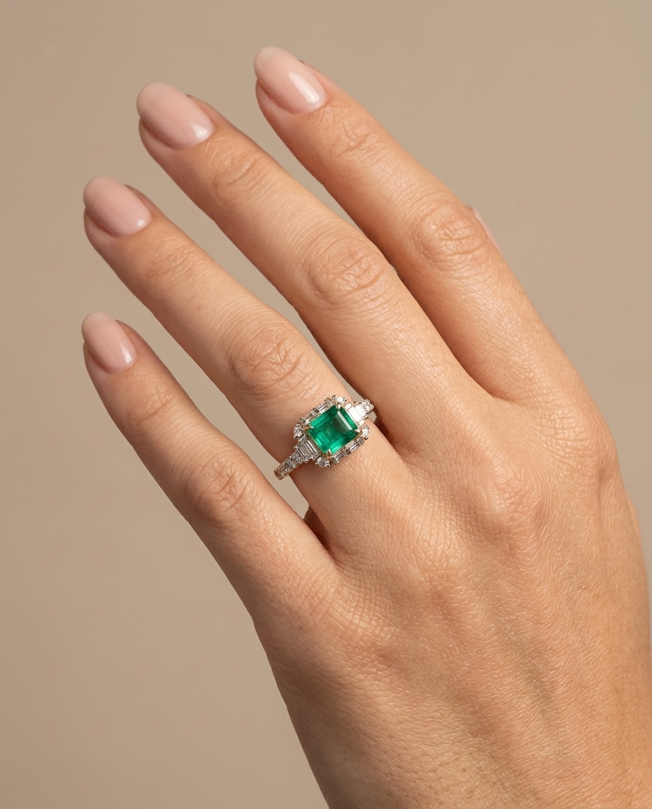 14KT Gold Emerald and Diamonds Ring on model