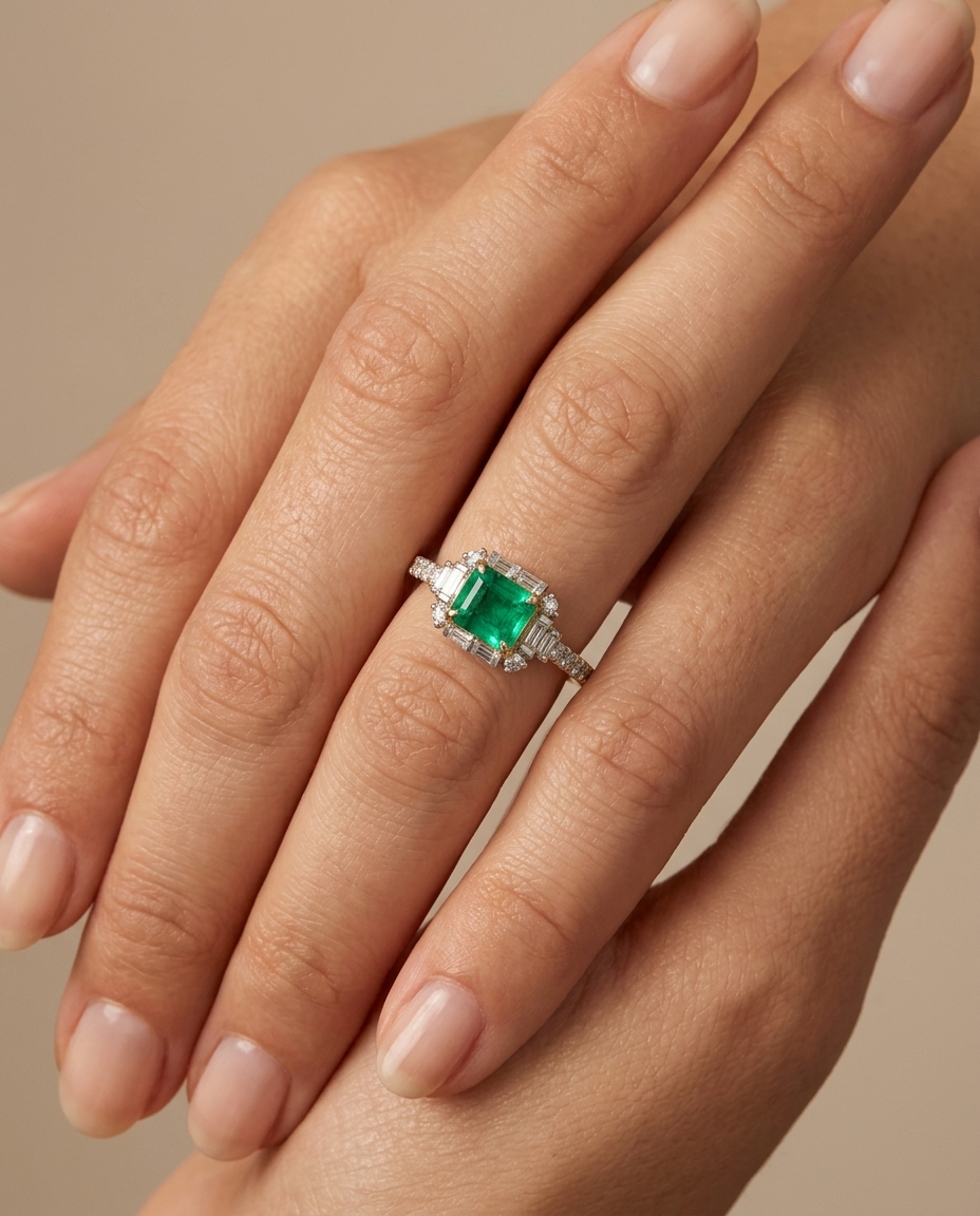 14KT Gold Emerald and Diamonds Ring on model