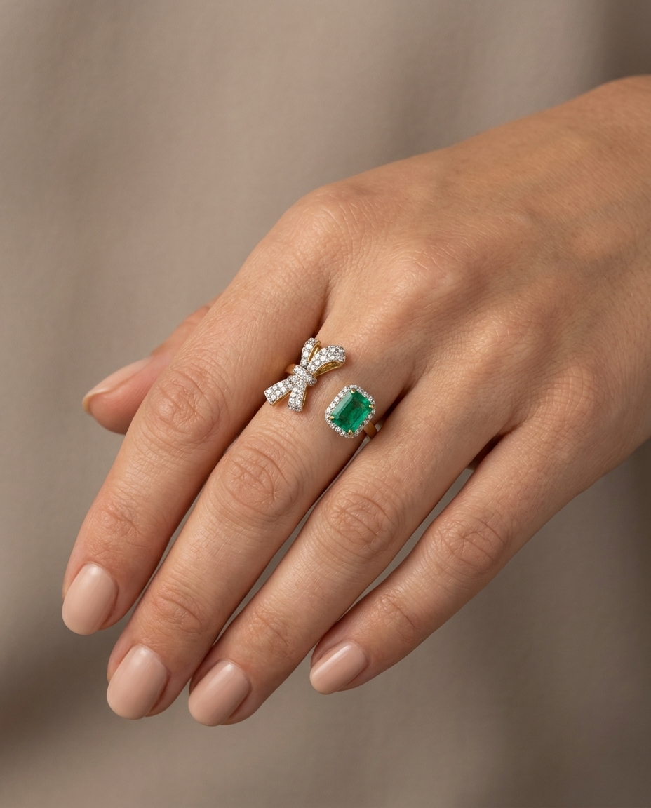 14KT Gold Emerald and Diamonds Bow Ring on model