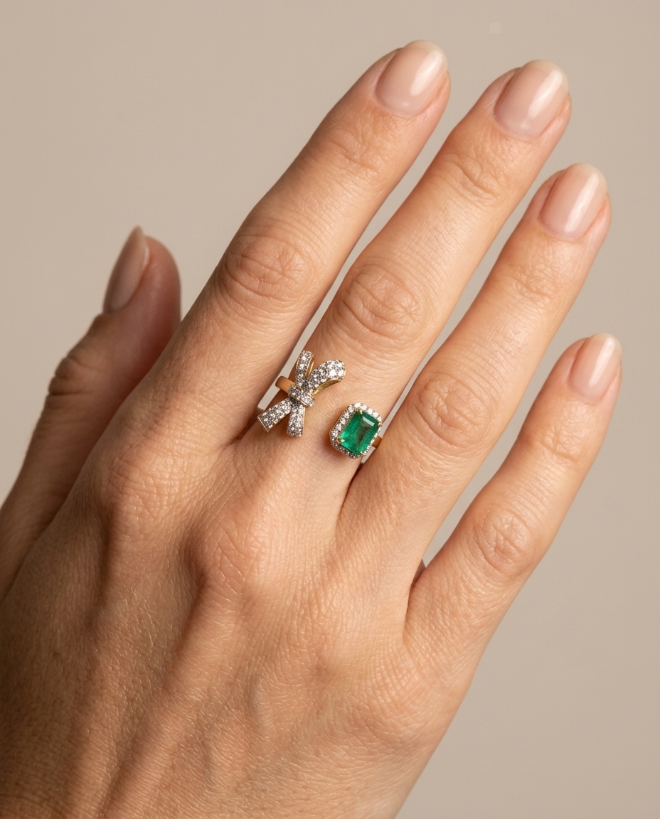 14KT Gold Emerald and Diamonds Bow Ring on model