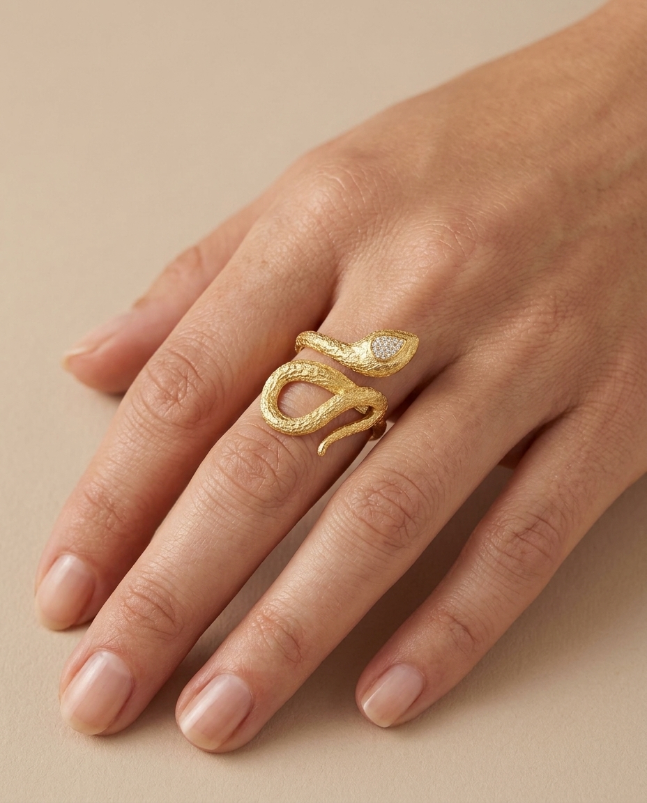 14KT Yellow Gold Diamond Snake Ring on model
