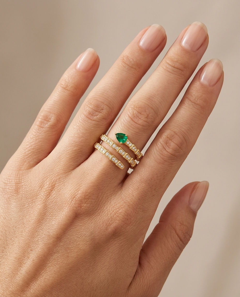 14KT Yellow Gold Emerald Diamonds Snake Ring on model